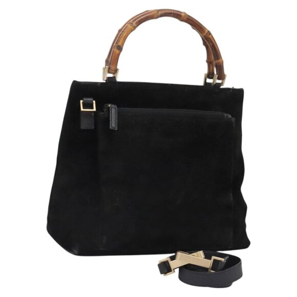 GUCCI Bamboo Hand Bag Suede 2way Black Gold - Picture 1 of 16